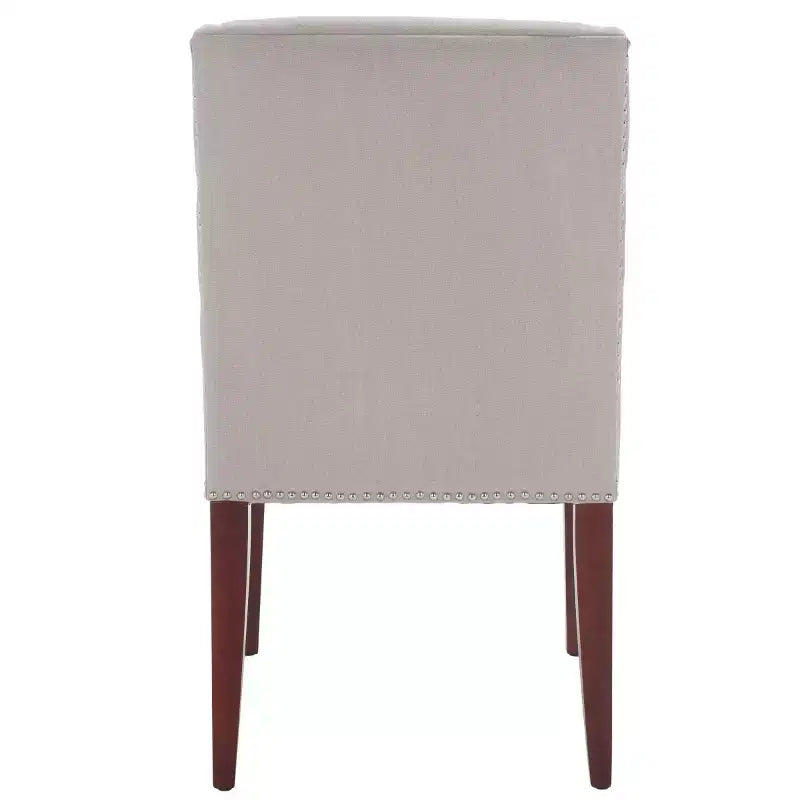 Chaise de salle à manger taupe en lin, sans accoudoirs, dossier haut, garniture cloutée – Lot de 2