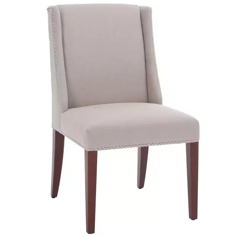 Chaise de salle à manger taupe en lin, sans accoudoirs, dossier haut, garniture cloutée – Lot de 2