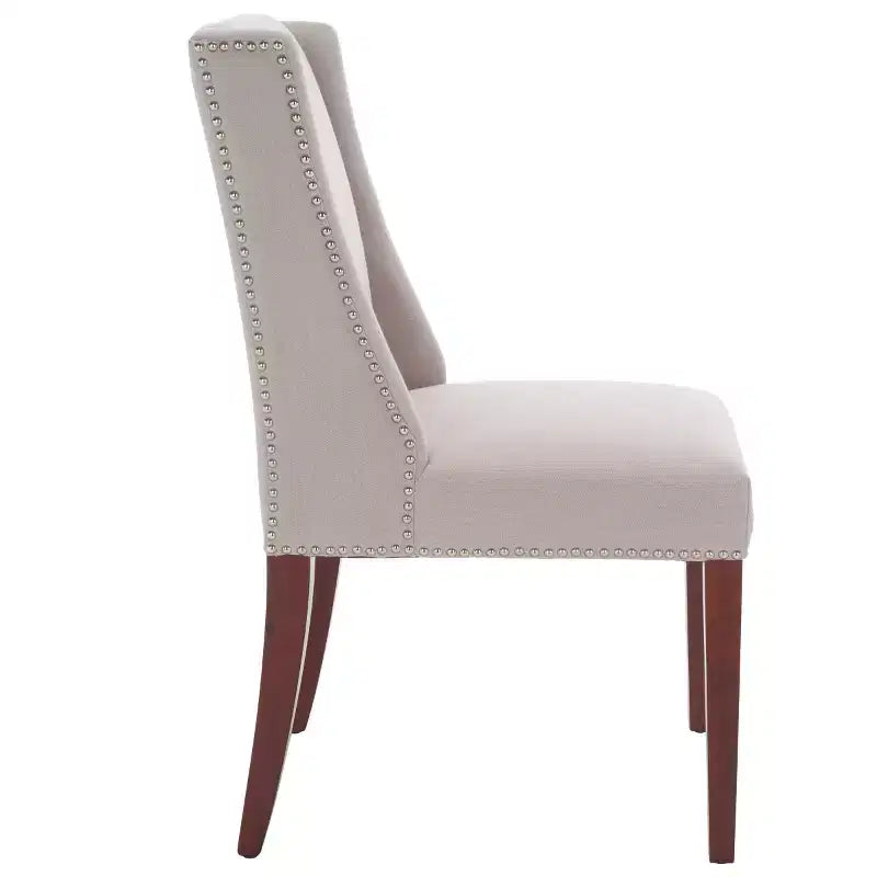 Chaise de salle à manger taupe en lin, sans accoudoirs, dossier haut, garniture cloutée – Lot de 2