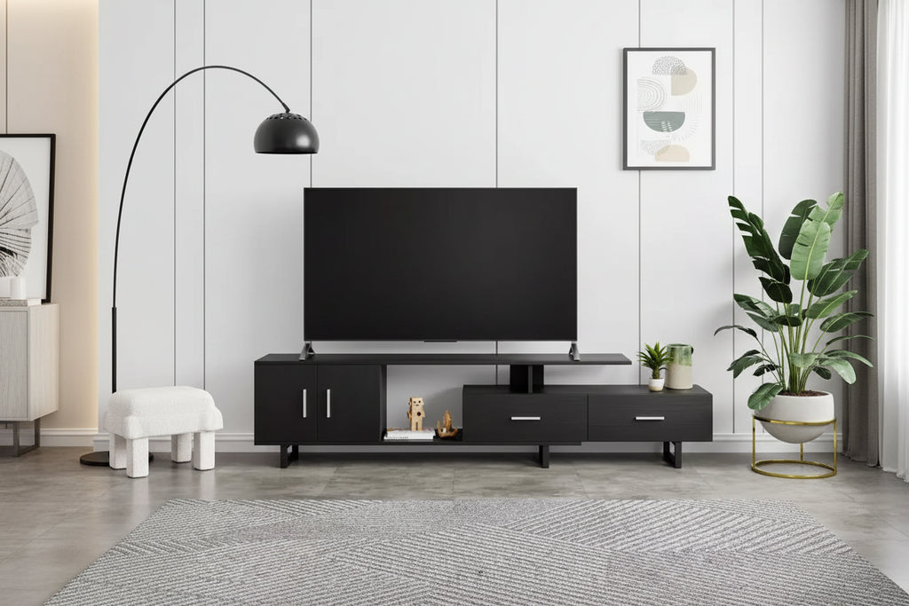 Meuble TV 55" – Moderne du milieu du siècle | Ébène / Chêne / Noyer / Blanc | Convient aux téléviseurs jusqu'à 69"