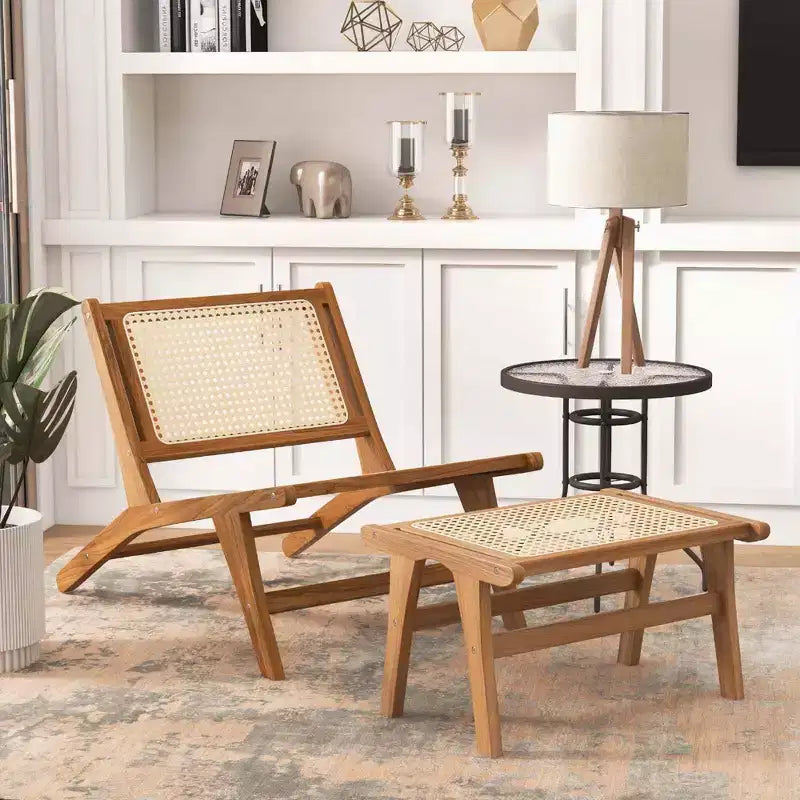 Fauteuil d'appoint en teck et rotin naturel avec ottoman – 1 place, sans accoudoirs