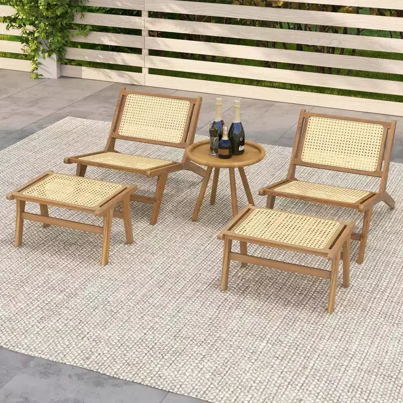 Fauteuil d'appoint en teck et rotin naturel avec ottoman – 1 place, sans accoudoirs