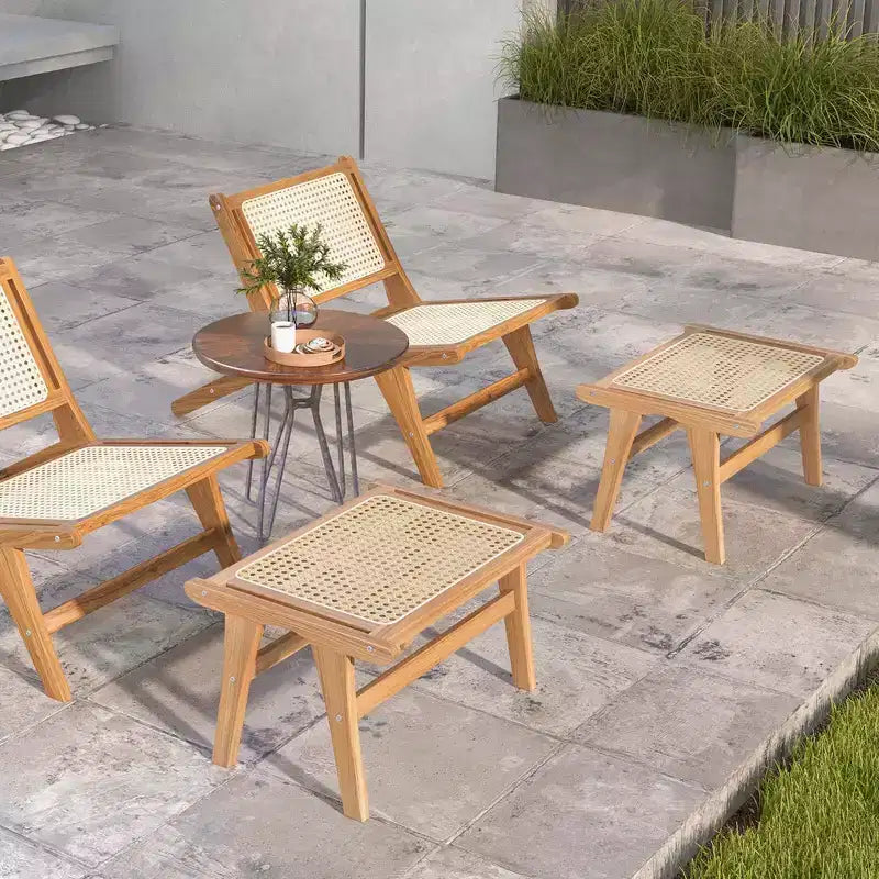 Fauteuil d'appoint en teck et rotin naturel avec ottoman – 1 place, sans accoudoirs